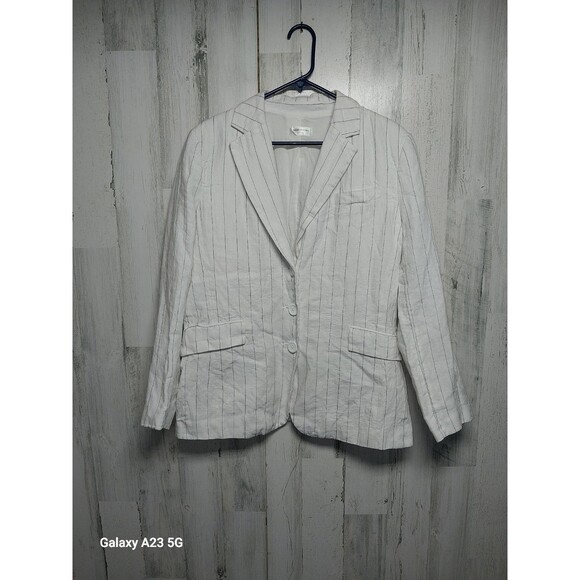 Isaac Mizrahi Women's Large Linen Blazer Cream Navy Pinstripes - Picture 1 of 7